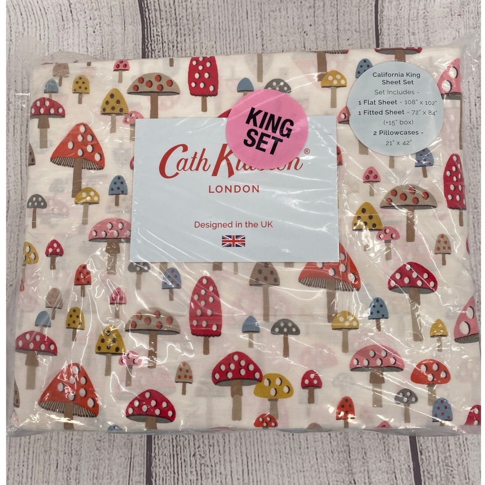 Cath Kidston Sheet Set CAL KING Mini Mushrooms Russet 100% Cotton Whimsical